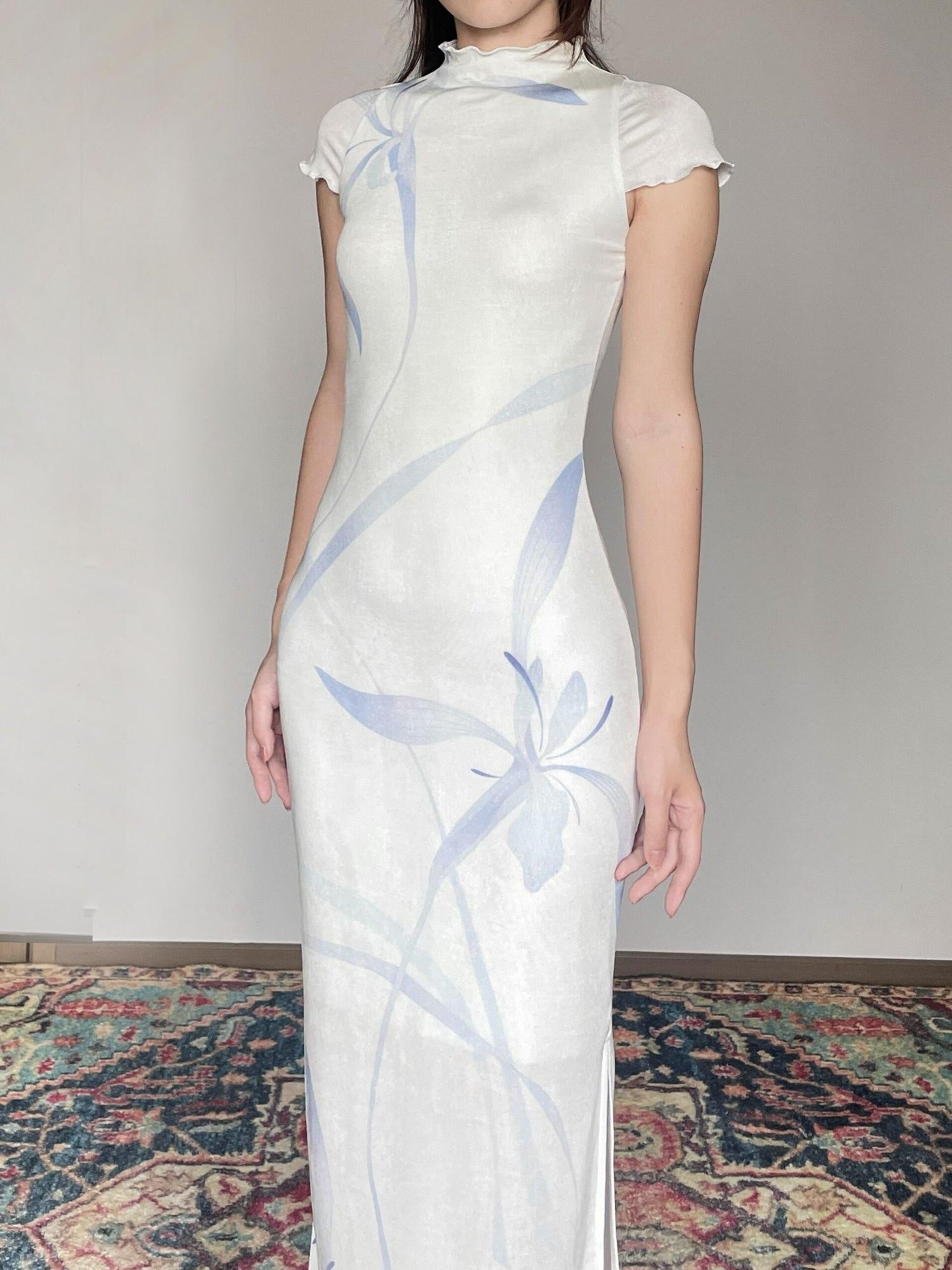 Wet Tail Breathable Short Sleeve Low Slit White Literary Qipao Daily Casual Maxi Dresses