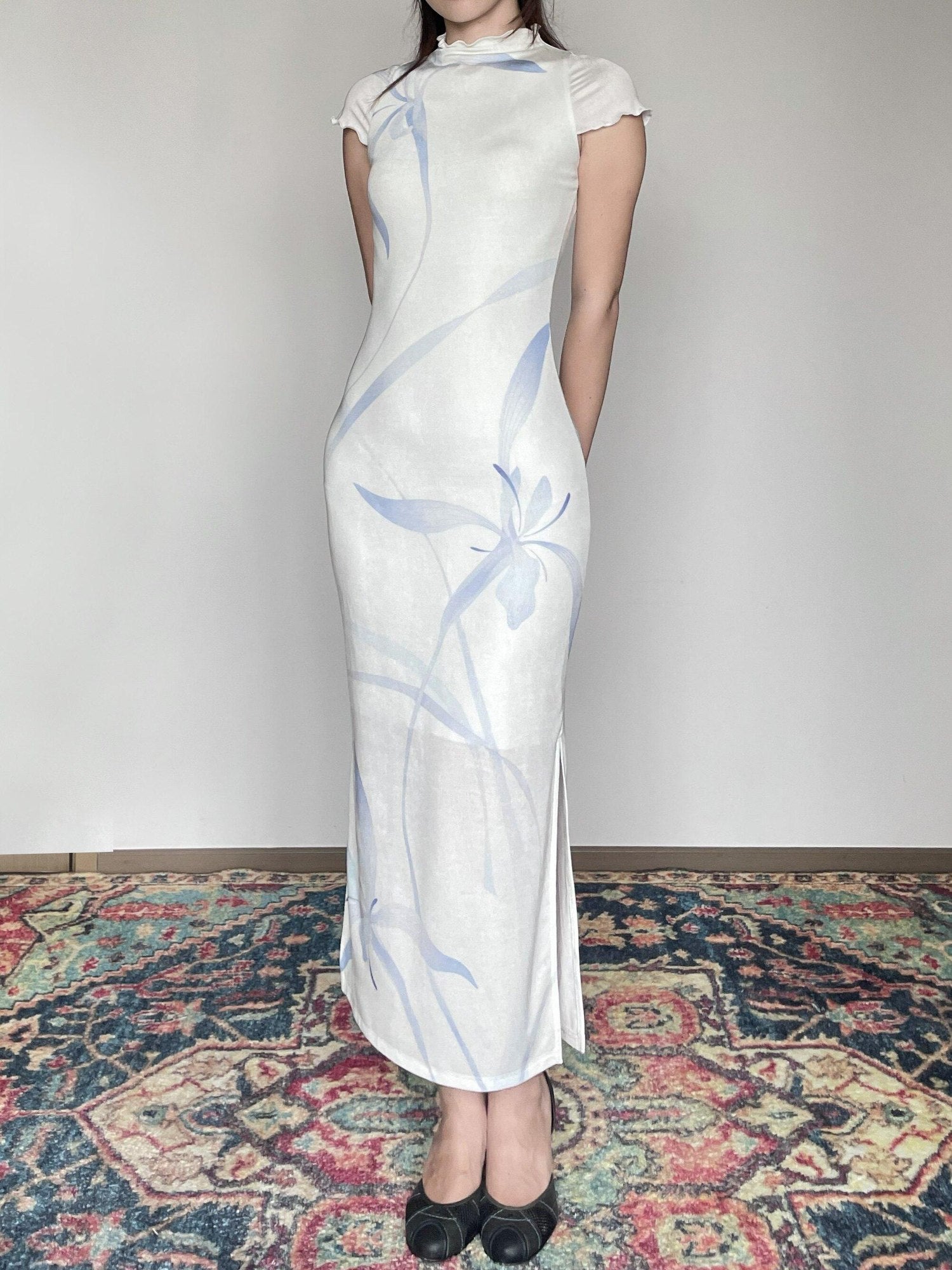 Wet Tail Breathable Short Sleeve Low Slit White Literary Qipao Daily Casual Maxi Dresses