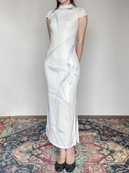 Wet Tail Breathable Short Sleeve Low Slit White Literary Qipao Daily Casual Maxi Dresses