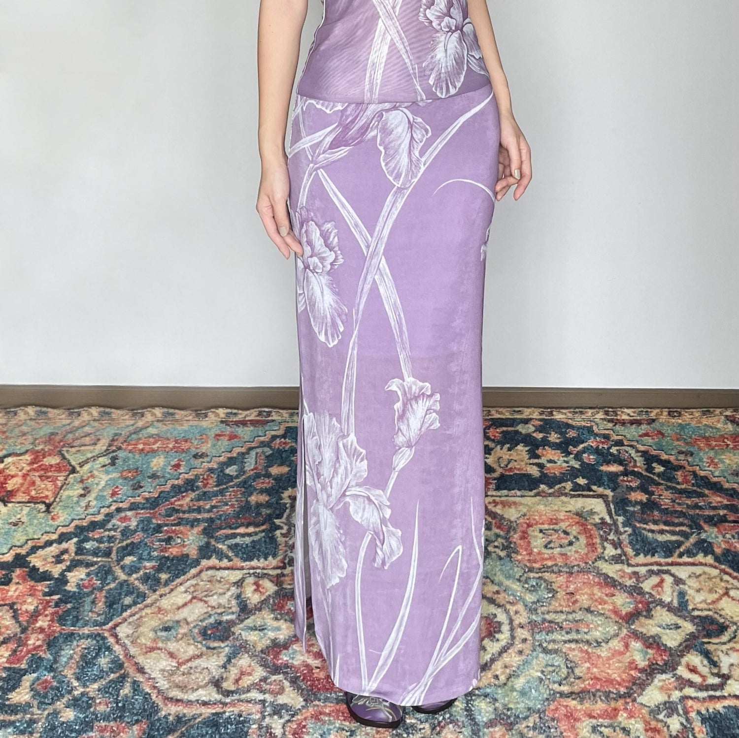 Wet Tail Breathable Vintage Cheongsam Floral Everyday Stretch Purple Maxi Skirts
