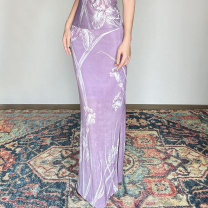 Wet Tail Breathable Vintage Cheongsam Floral Everyday Stretch Purple Maxi Skirts
