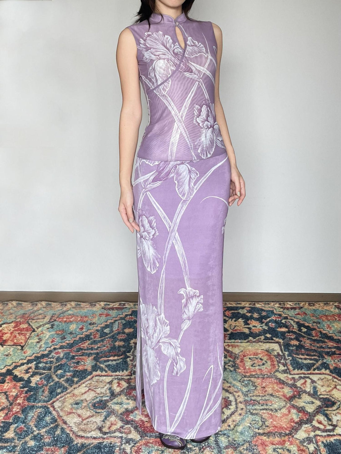 Wet Tail Breathable Vintage Cheongsam Floral Everyday Stretch Purple Maxi Skirts