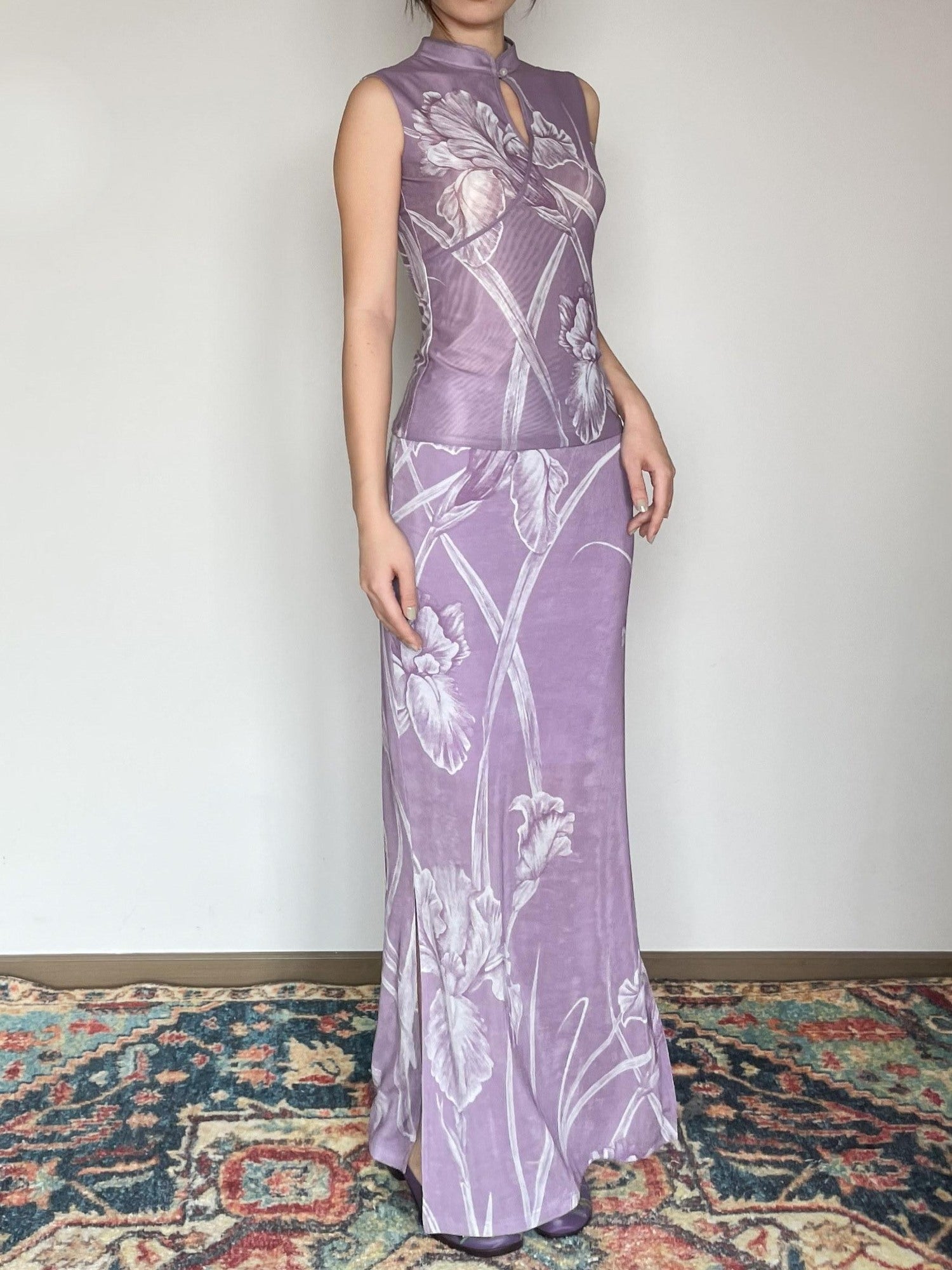 Wet Tail Breathable Vintage Cheongsam Floral Everyday Stretch Purple Maxi Skirts