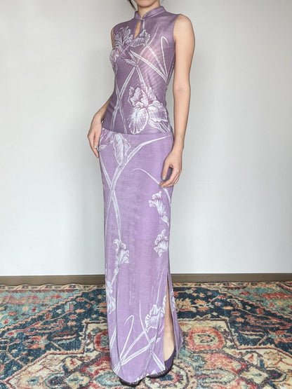 Wet Tail Breathable Vintage Cheongsam Floral Everyday Stretch Purple Maxi Skirts