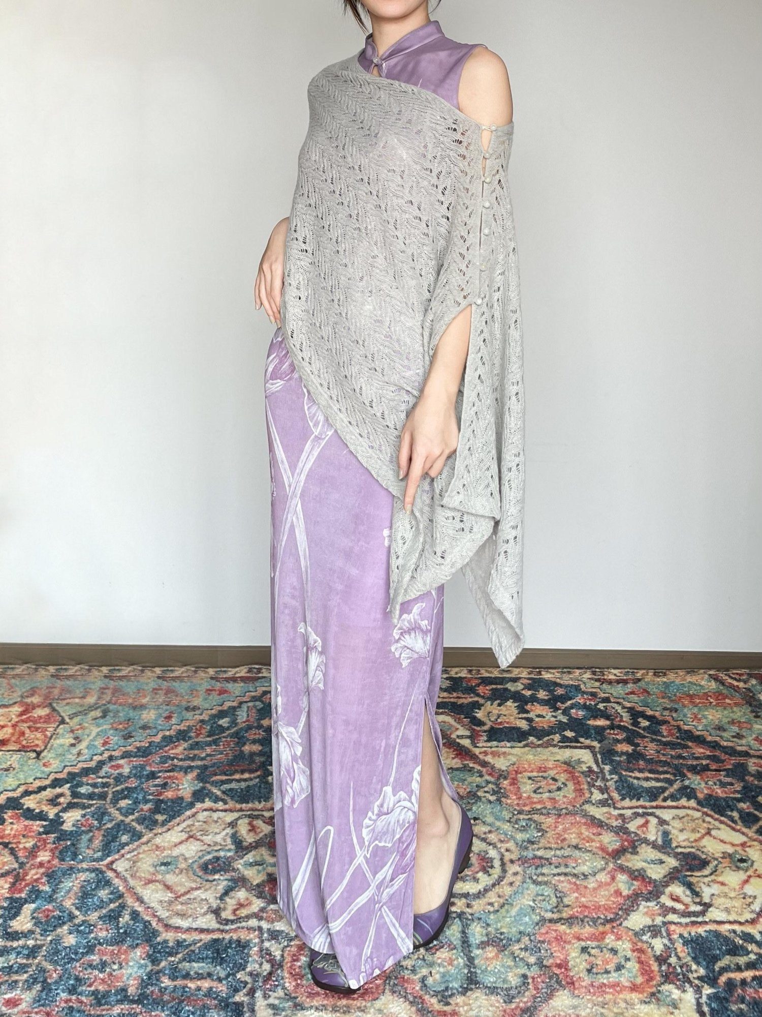 Wet Tail Breathable Vintage Cheongsam Floral Everyday Stretch Purple Maxi Skirts