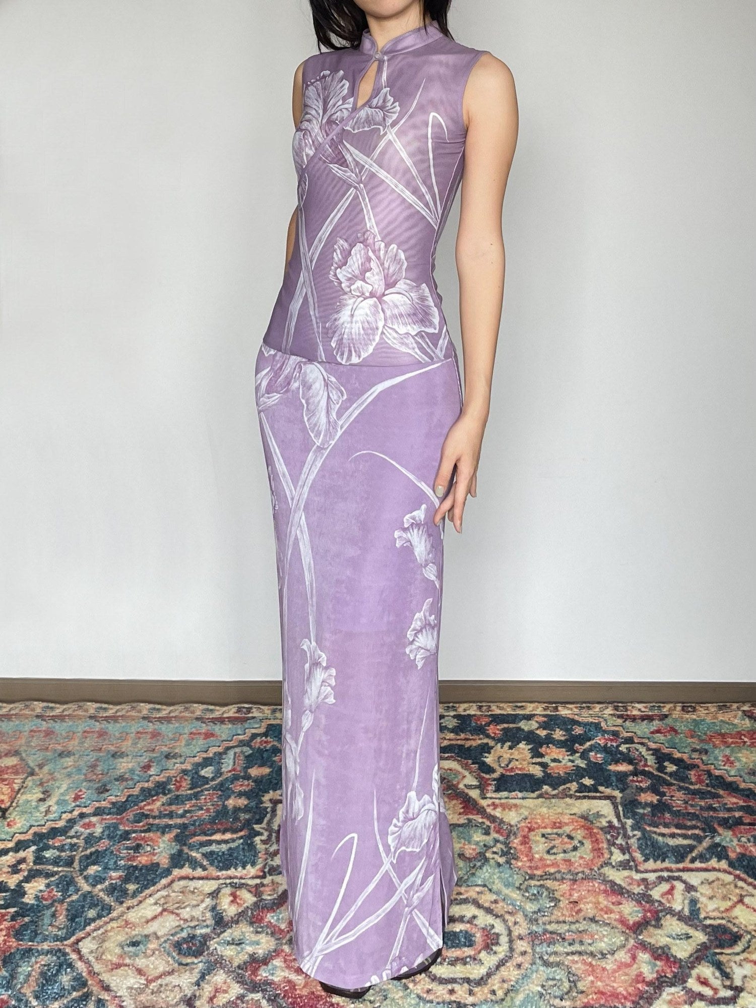Wet Tail Breathable Vintage Cheongsam Floral Everyday Stretch Purple Maxi Skirts