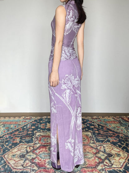 Wet Tail Breathable Vintage Cheongsam Floral Everyday Stretch Purple Maxi Skirts