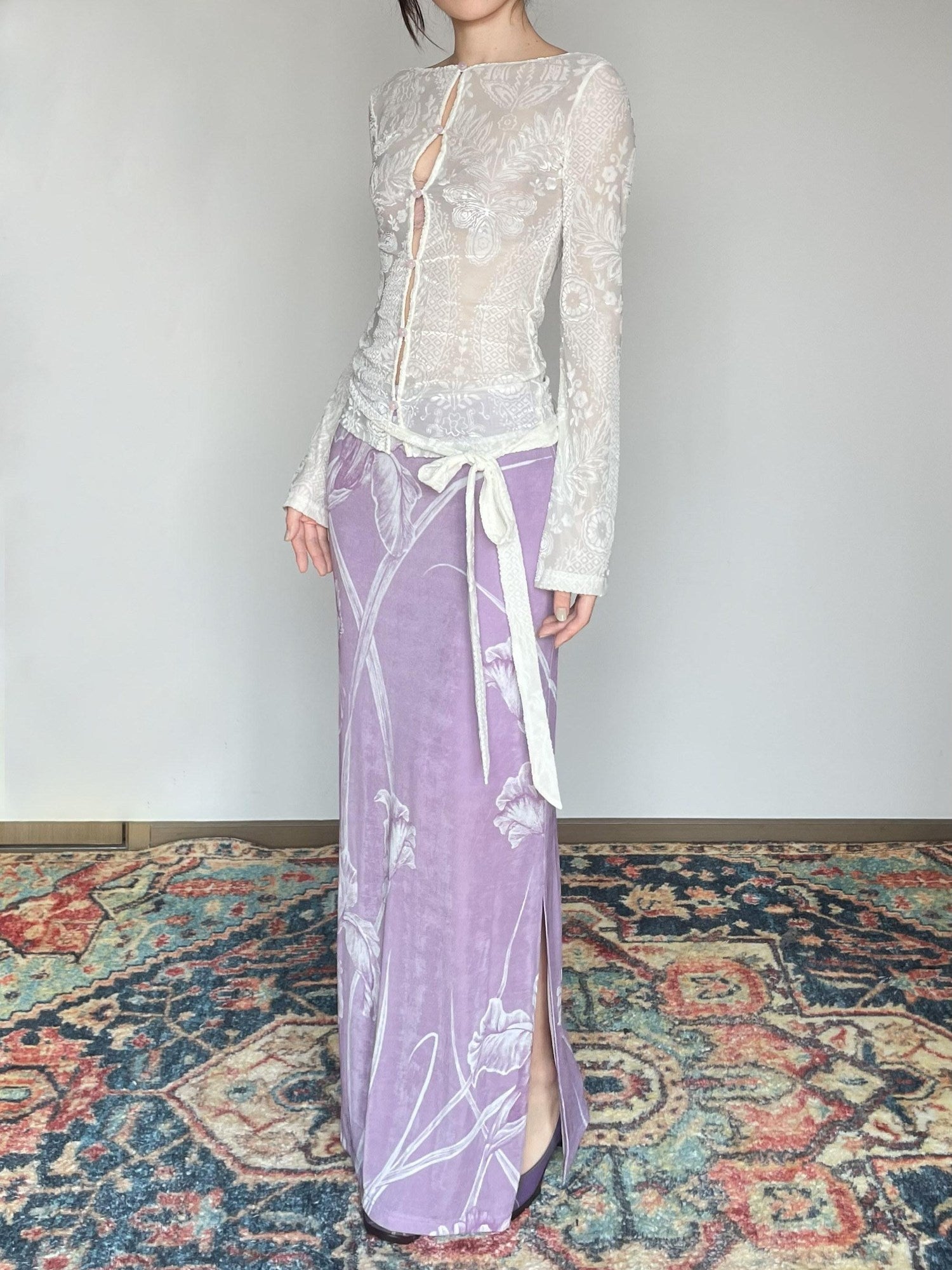 Wet Tail Breathable Vintage Cheongsam Floral Everyday Stretch Purple Maxi Skirts
