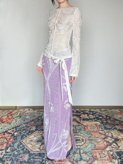 Wet Tail Breathable Vintage Cheongsam Floral Everyday Stretch Purple Maxi Skirts