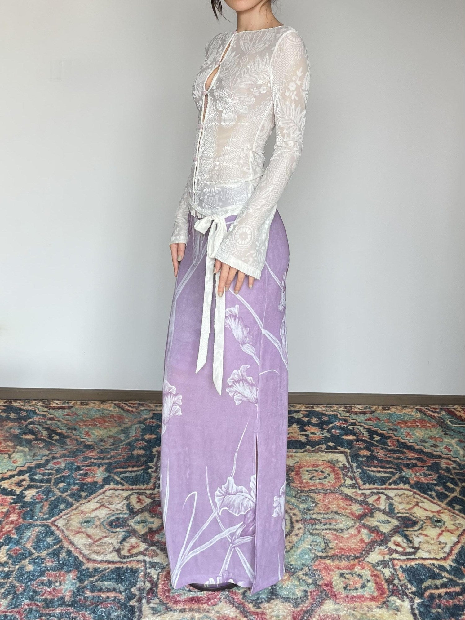 Wet Tail Breathable Vintage Cheongsam Floral Everyday Stretch Purple Maxi Skirts