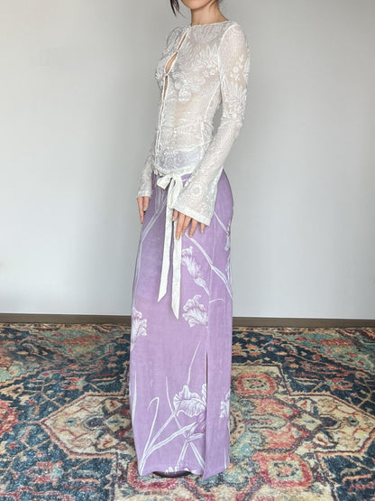 Wet Tail Breathable Vintage Cheongsam Floral Everyday Stretch Purple Maxi Skirts