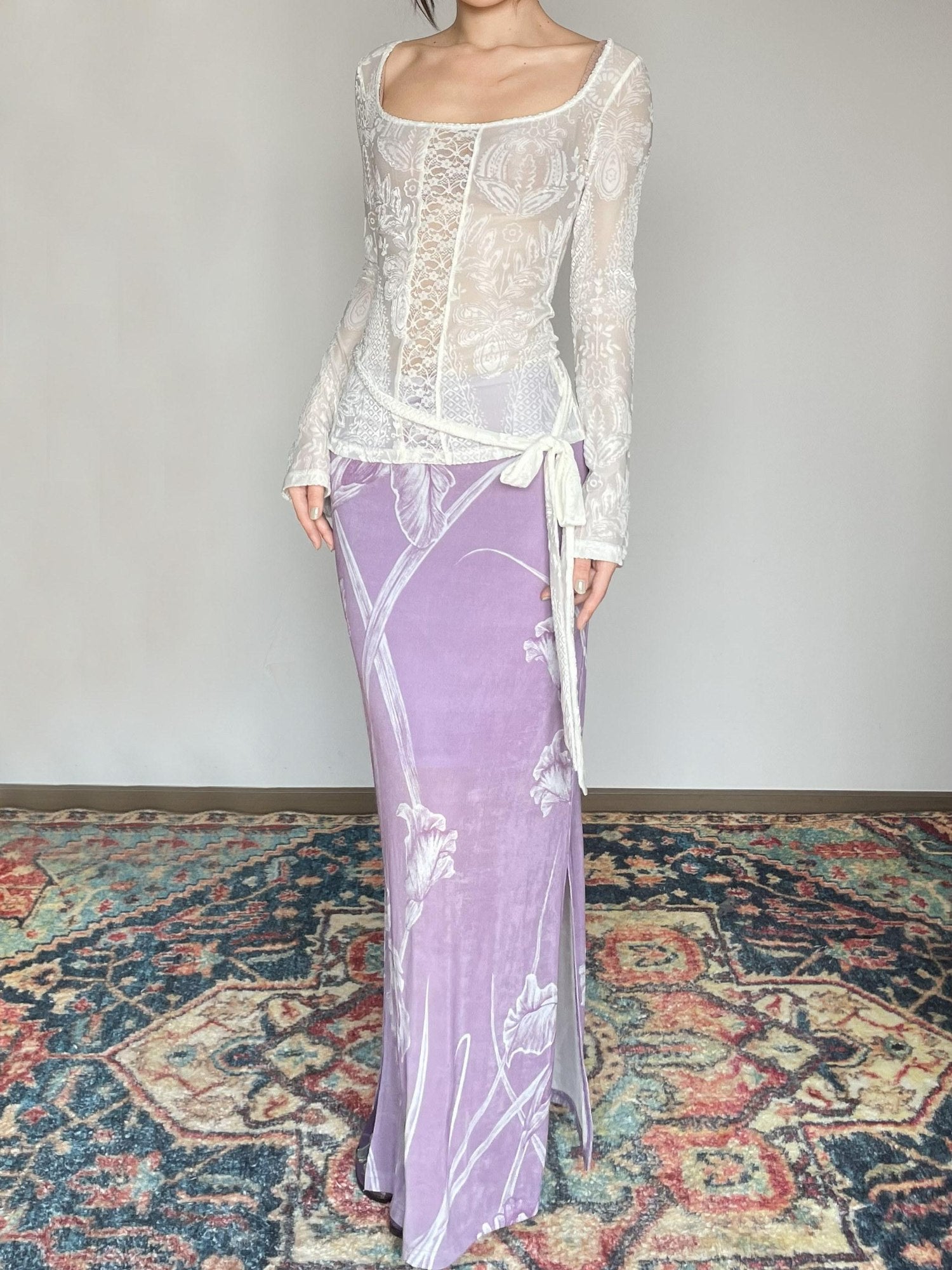 Wet Tail Breathable Vintage Cheongsam Floral Everyday Stretch Purple Maxi Skirts