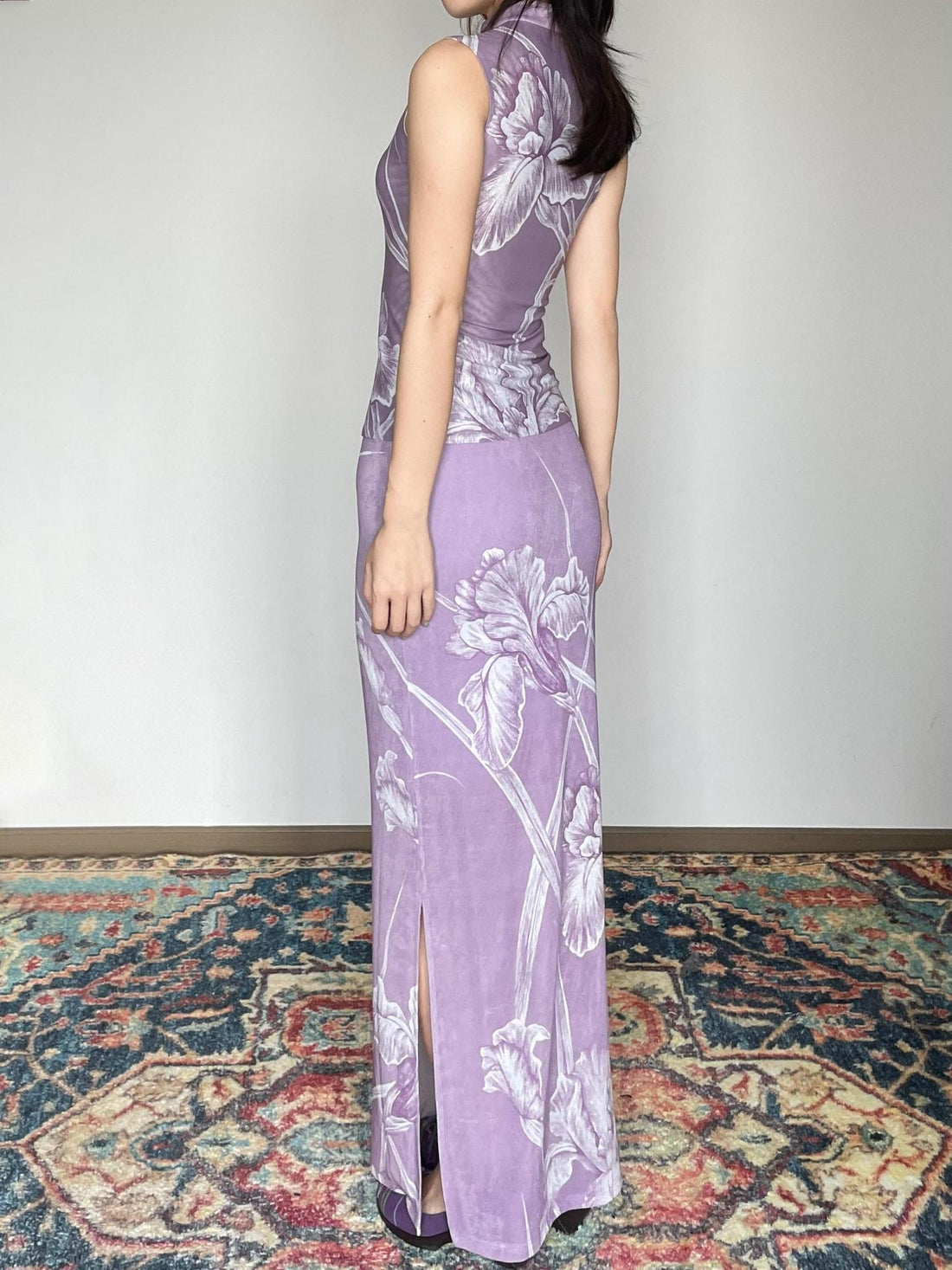 Wet Tail Breathable Vintage Cheongsam Floral Everyday Stretch Purple Maxi Skirts