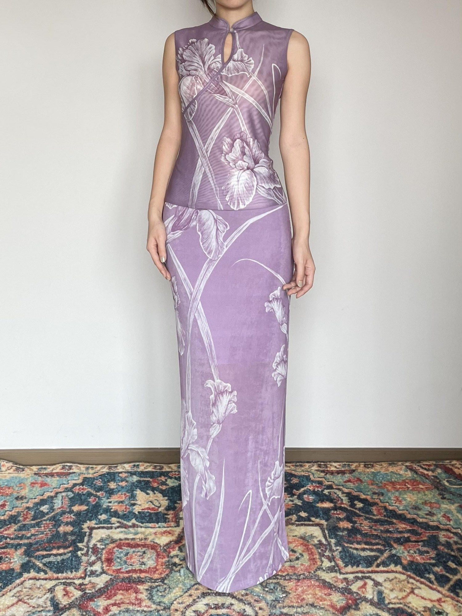 Wet Tail Breathable Vintage Cheongsam Floral Everyday Stretch Purple Maxi Skirts