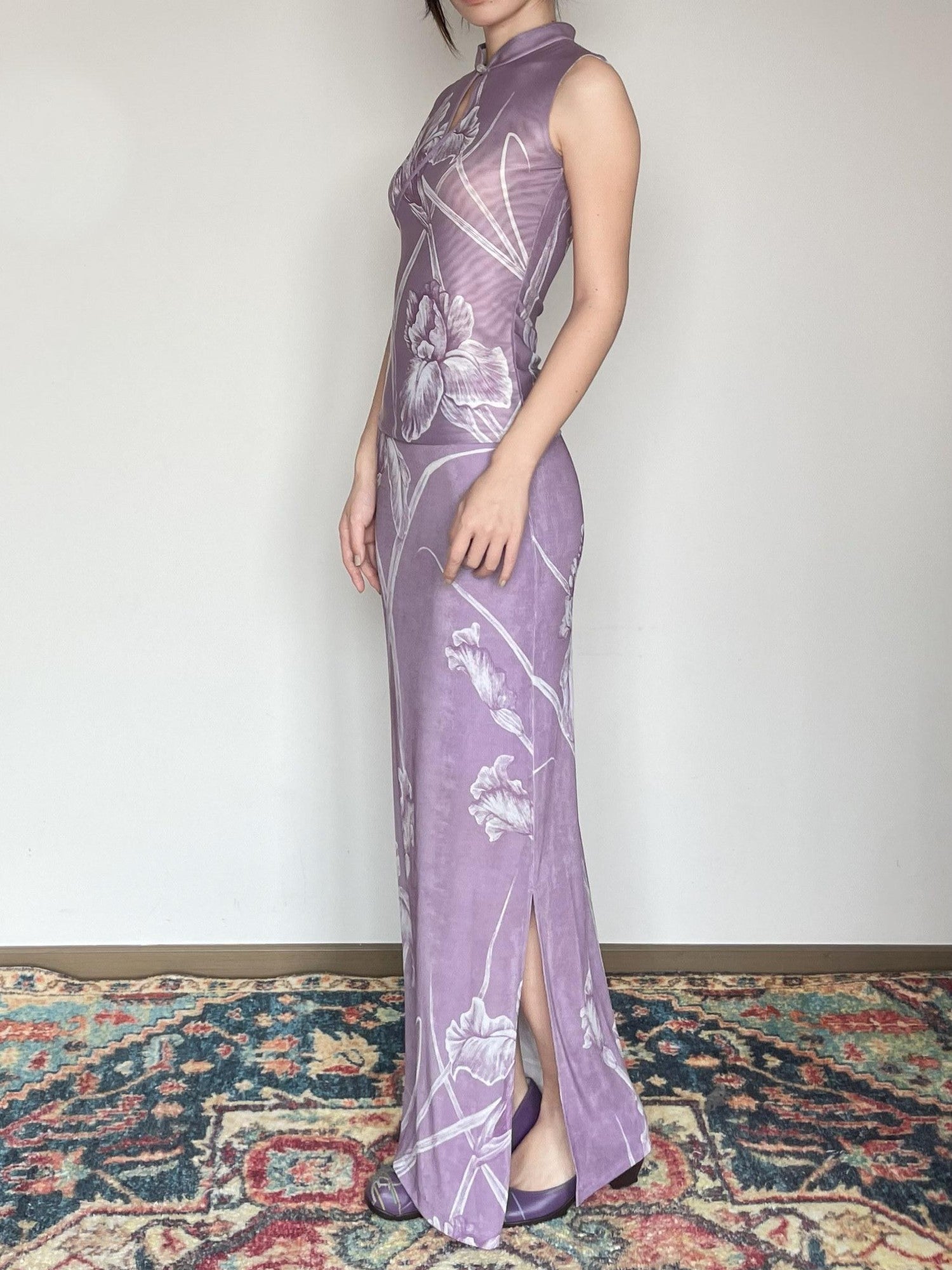 Wet Tail Breathable Vintage Cheongsam Floral Everyday Stretch Purple Maxi Skirts