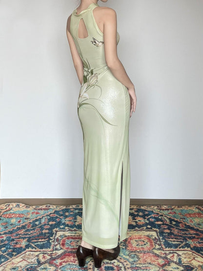 Wet Tail Breathable Vintage Floral Sleeveless Casual Stretch Bodycon Maxi Dresses