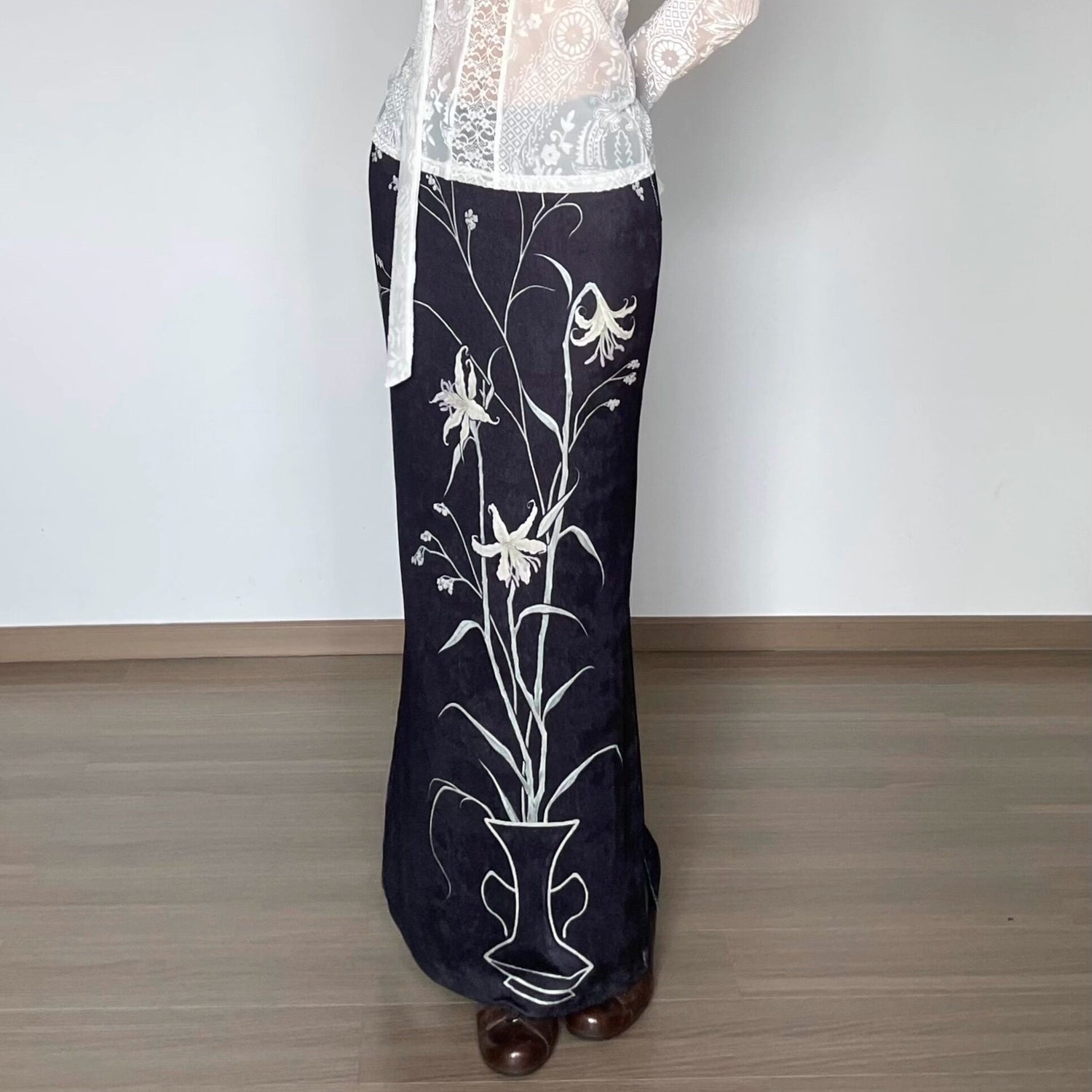 Wet Tail Breathable Vintage Qipao Low Slit Casual Black Floral Stretch Maxi Skirts