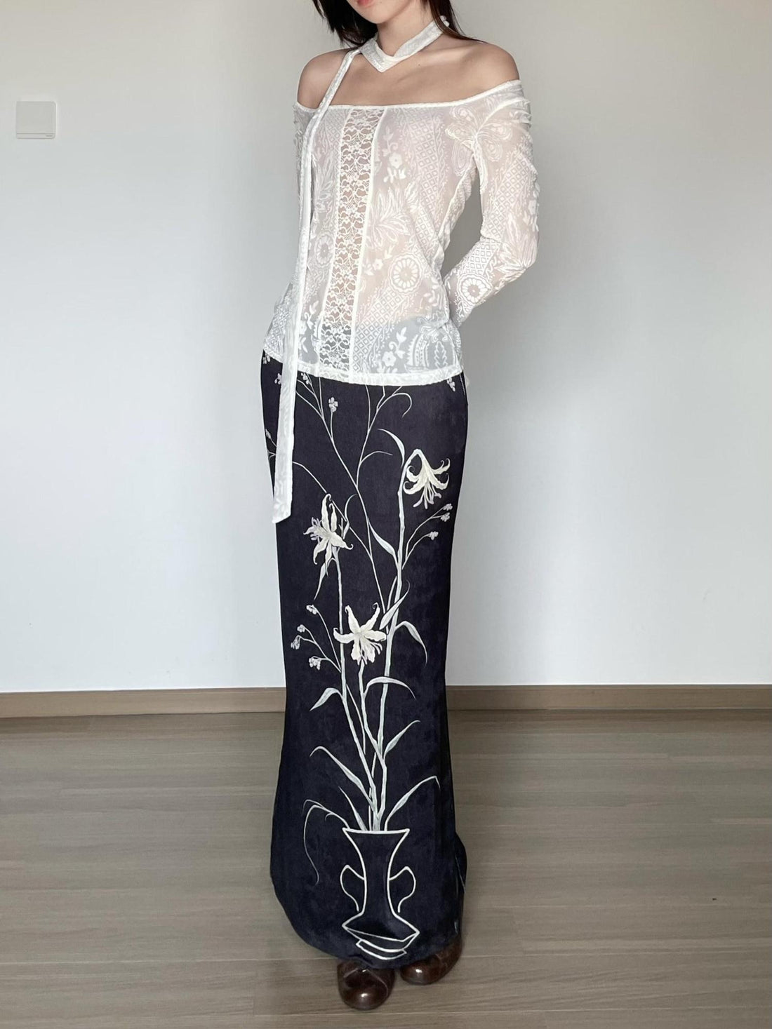 Wet Tail Breathable Vintage Qipao Low Slit Casual Black Floral Stretch Maxi Skirts