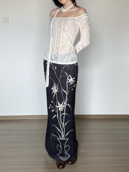 Wet Tail Breathable Vintage Qipao Low Slit Casual Black Floral Stretch Maxi Skirts