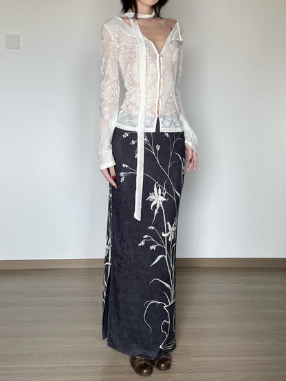 Wet Tail Breathable Vintage Qipao Low Slit Casual Black Floral Stretch Maxi Skirts