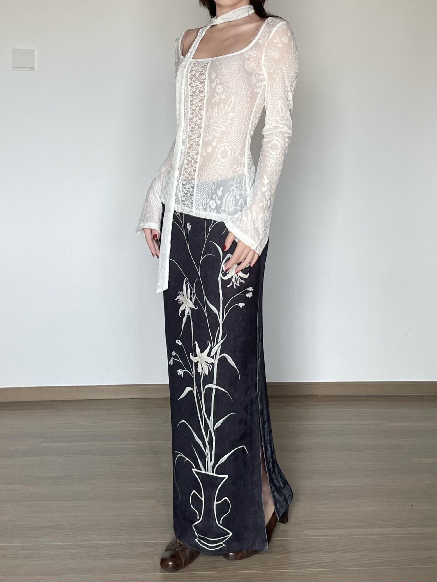 Wet Tail Breathable Vintage Qipao Low Slit Casual Black Floral Stretch Maxi Skirts