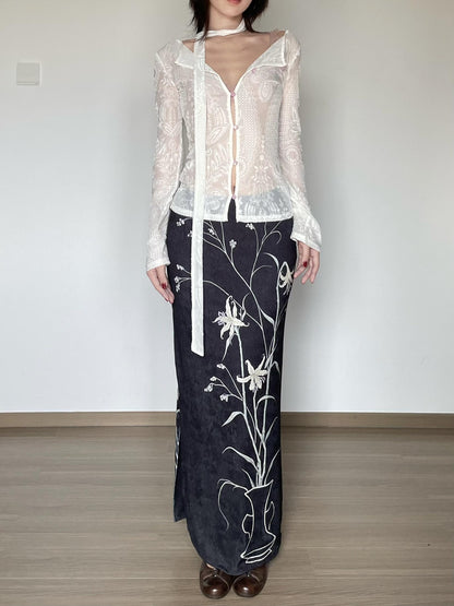 Wet Tail Breathable Vintage Qipao Low Slit Casual Black Floral Stretch Maxi Skirts