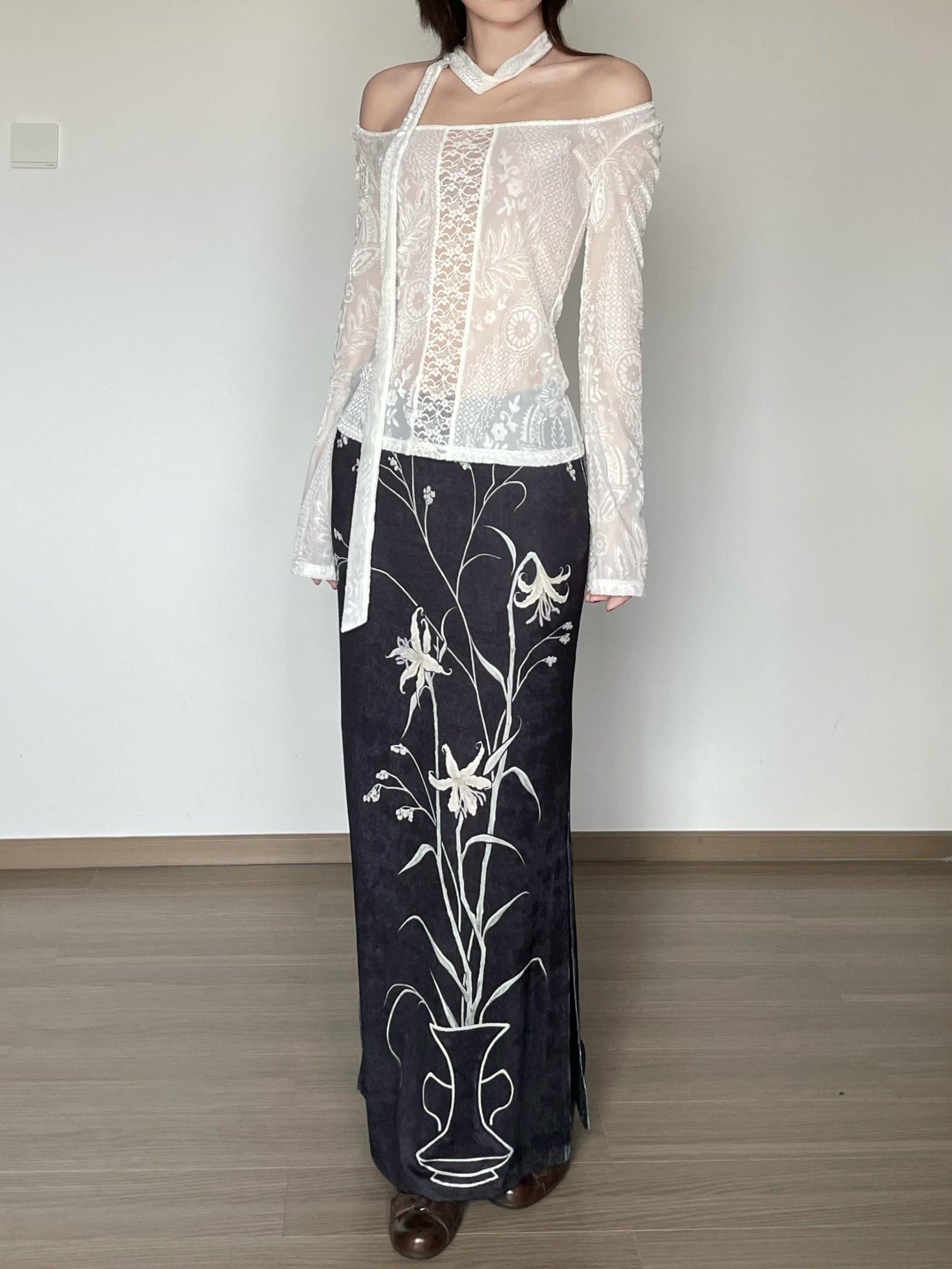 Wet Tail Breathable Vintage Qipao Low Slit Casual Black Floral Stretch Maxi Skirts
