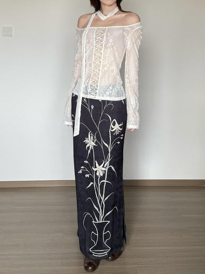 Wet Tail Breathable Vintage Qipao Low Slit Casual Black Floral Stretch Maxi Skirts