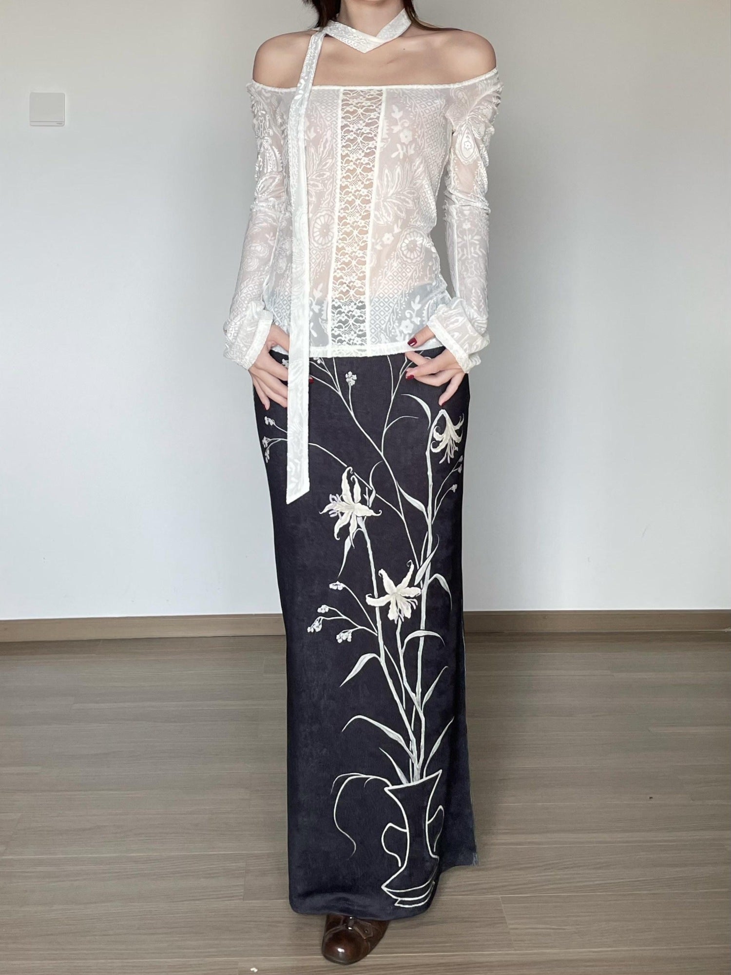 Wet Tail Breathable Vintage Qipao Low Slit Casual Black Floral Stretch Maxi Skirts