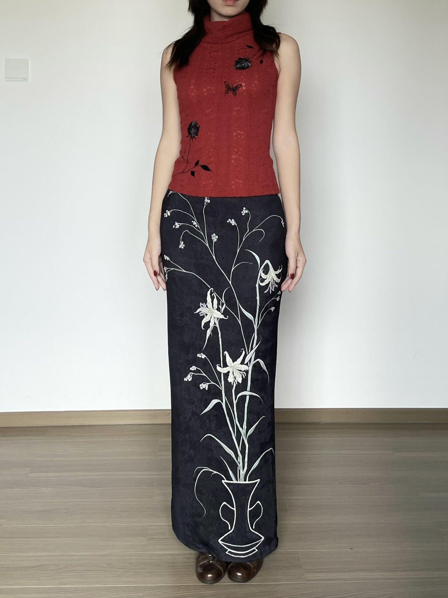 Wet Tail Breathable Vintage Qipao Low Slit Casual Black Floral Stretch Maxi Skirts