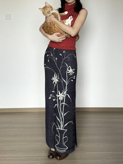 Wet Tail Breathable Vintage Qipao Low Slit Casual Black Floral Stretch Maxi Skirts
