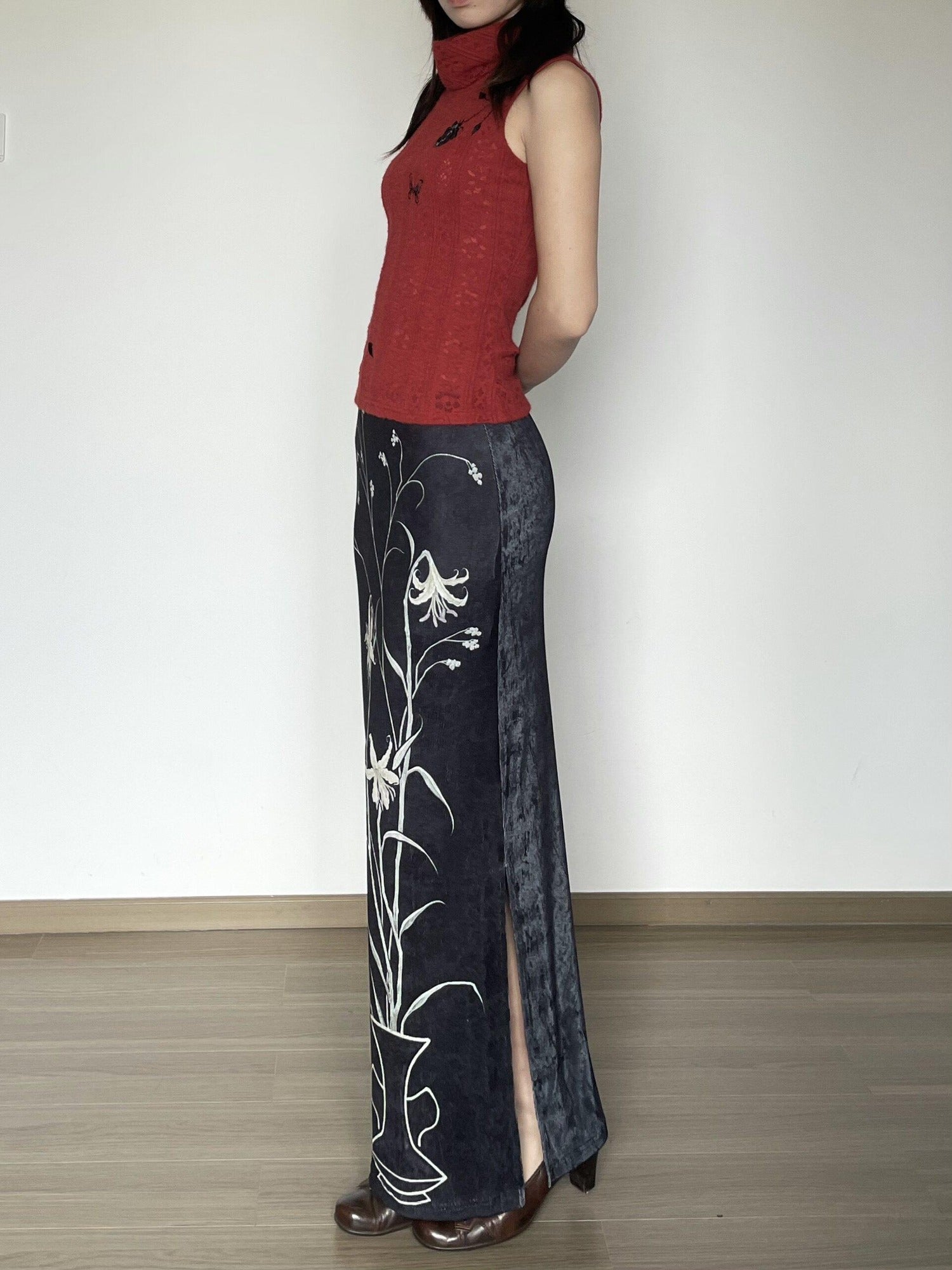 Wet Tail Breathable Vintage Qipao Low Slit Casual Black Floral Stretch Maxi Skirts