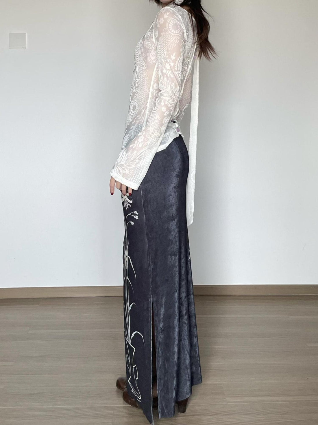 Wet Tail Breathable Vintage Qipao Low Slit Casual Black Floral Stretch Maxi Skirts