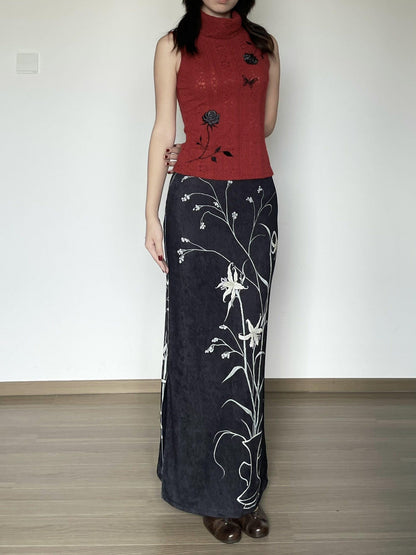 Wet Tail Breathable Vintage Qipao Low Slit Casual Black Floral Stretch Maxi Skirts