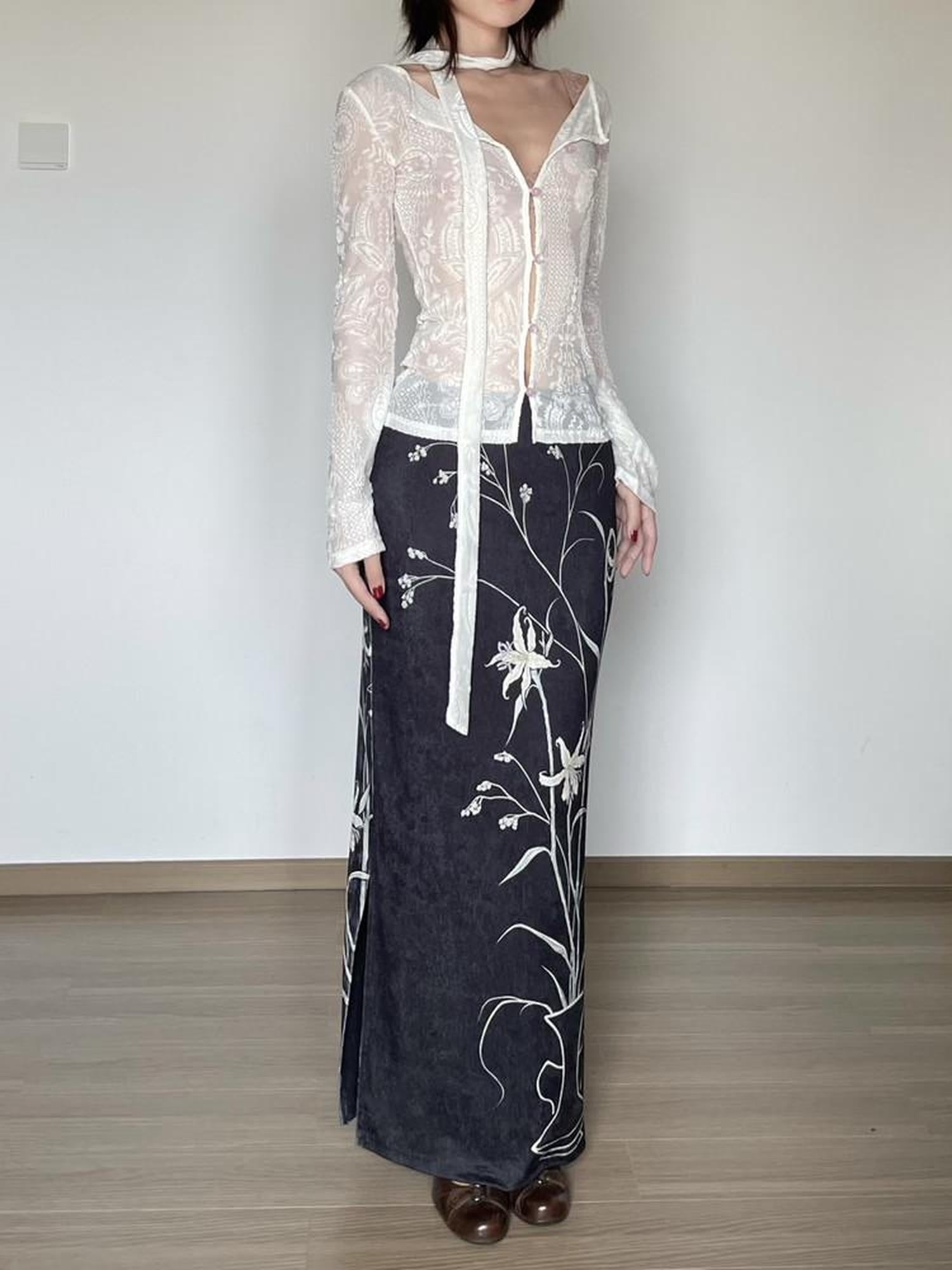 Wet Tail Breathable Vintage Qipao Low Slit Casual Black Floral Stretch Maxi Skirts