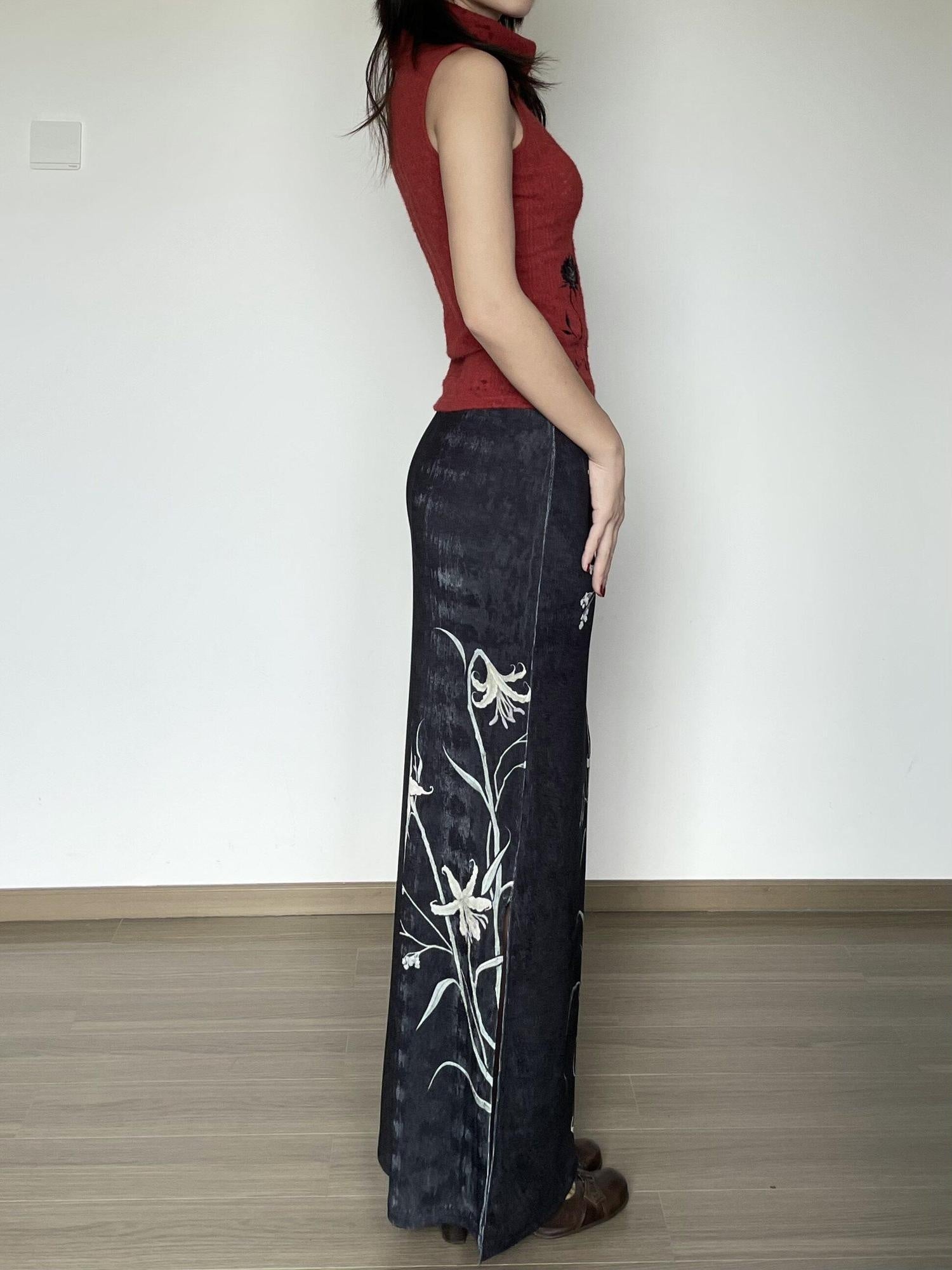 Wet Tail Breathable Vintage Qipao Low Slit Casual Black Floral Stretch Maxi Skirts