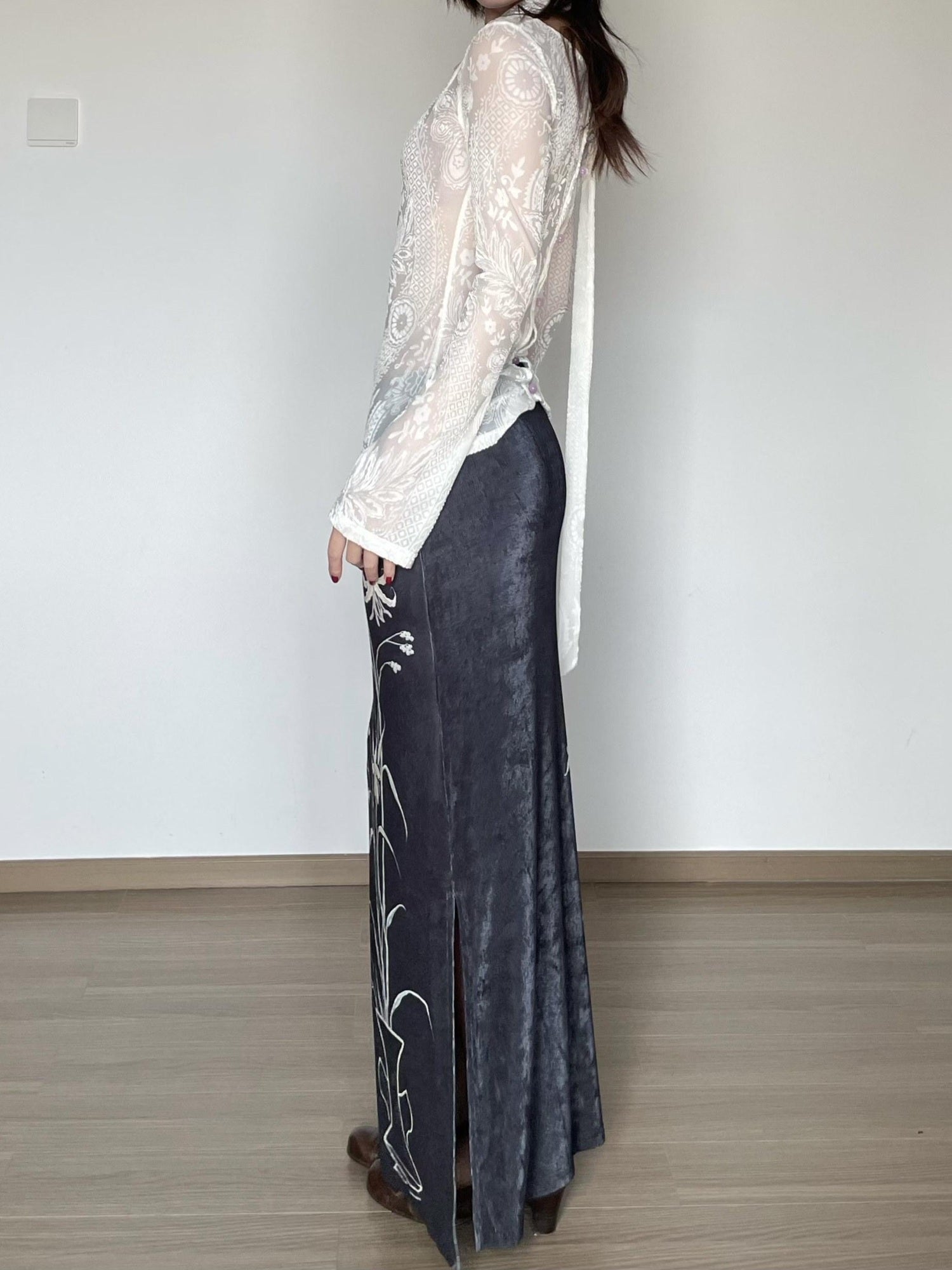 Wet Tail Breathable Vintage Qipao Low Slit Casual Black Floral Stretch Maxi Skirts