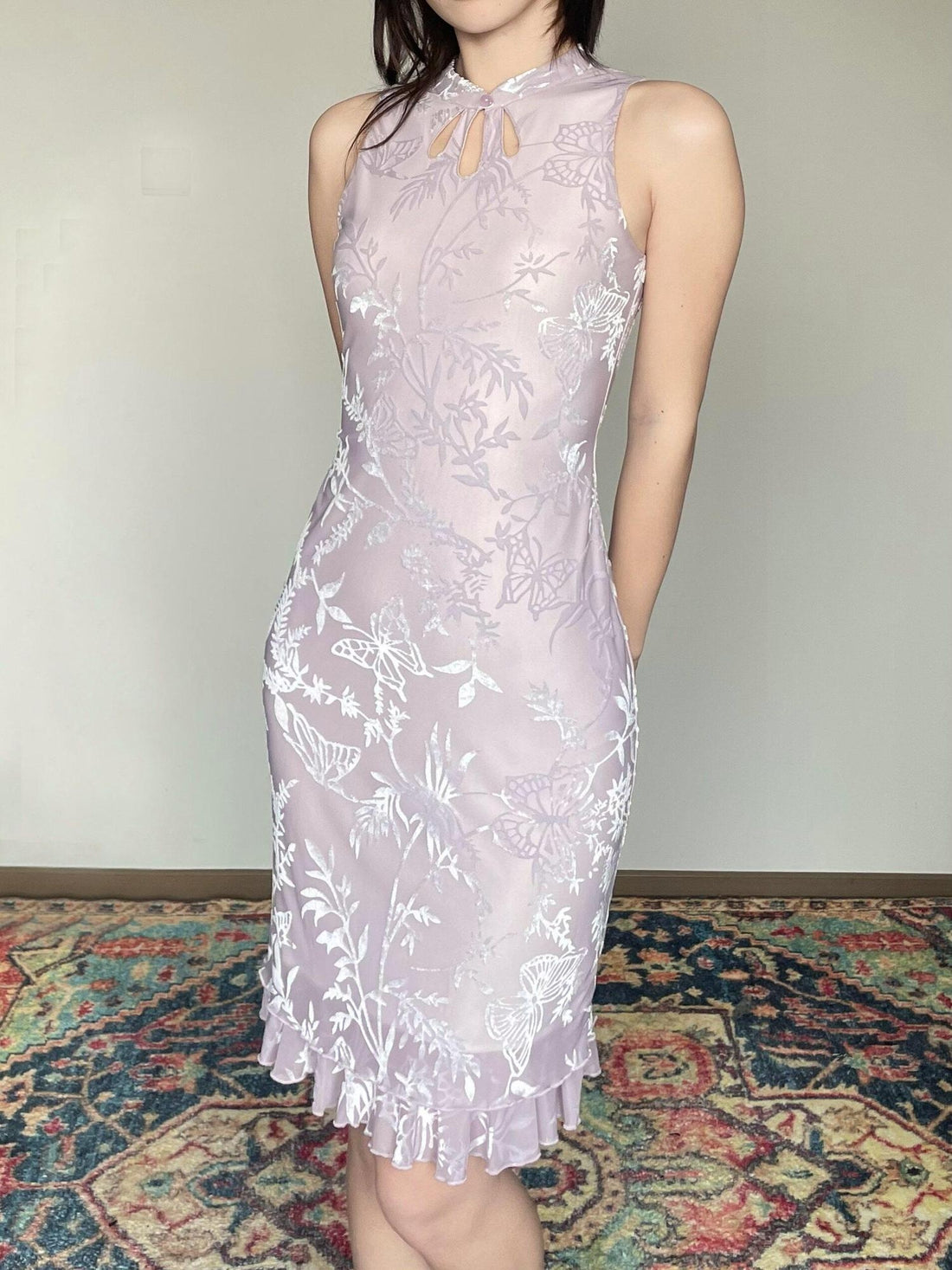Wet Tail Breathable Vintage Sleeveless Solid Lilac Cheongsam Everyday Shirt Midi Dresses