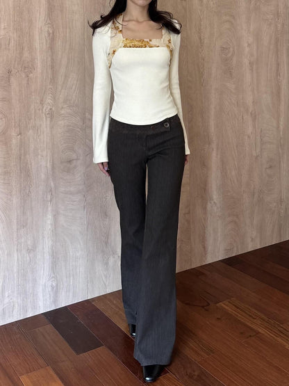Wet Tail Chinese Style Striped Spliced Low Waist Cotton Women&