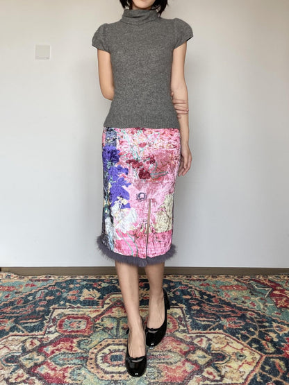 Wet Tail Cozy Vintage Floral Stretch Fit Casual Pink Soft Polyester Midi Skirts