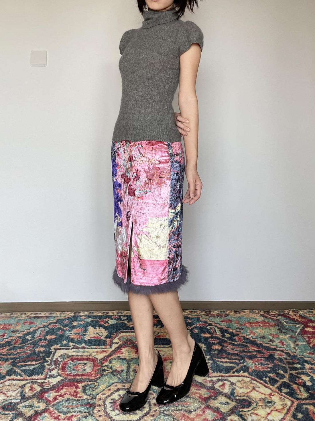 Wet Tail Cozy Vintage Floral Stretch Fit Casual Pink Soft Polyester Midi Skirts