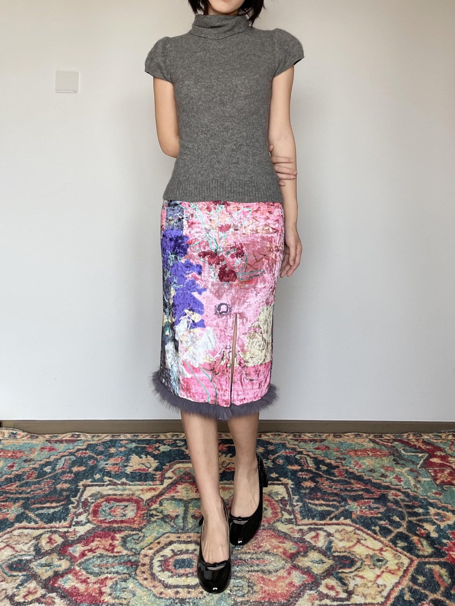 Wet Tail Cozy Vintage Floral Stretch Fit Casual Pink Soft Polyester Midi Skirts