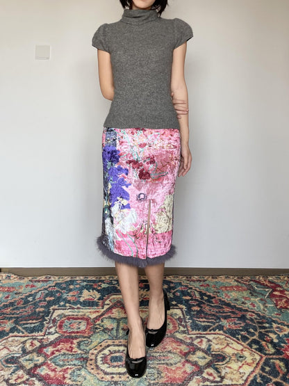 Wet Tail Cozy Vintage Floral Stretch Fit Casual Pink Soft Polyester Midi Skirts
