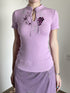 Wet Tail Cute Embroidered Ribbed Henley Purple Women Viscose Stretch Short Sleeve T-Shirts