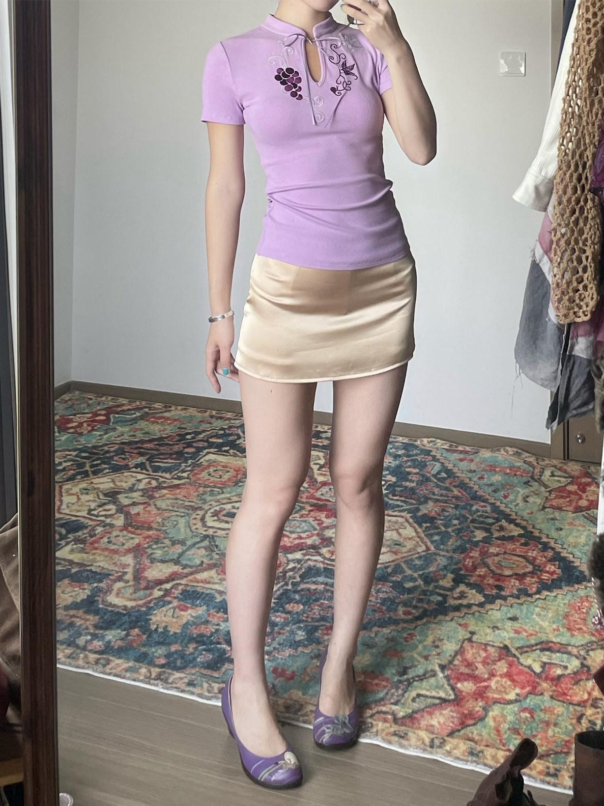 Wet Tail Cute Embroidered Ribbed Henley Purple Women Viscose Stretch Short Sleeve T-Shirts