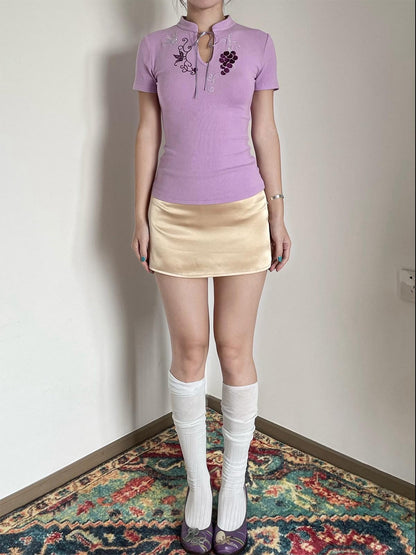 Wet Tail Cute Embroidered Ribbed Henley Purple Women Viscose Stretch Short Sleeve T-Shirts