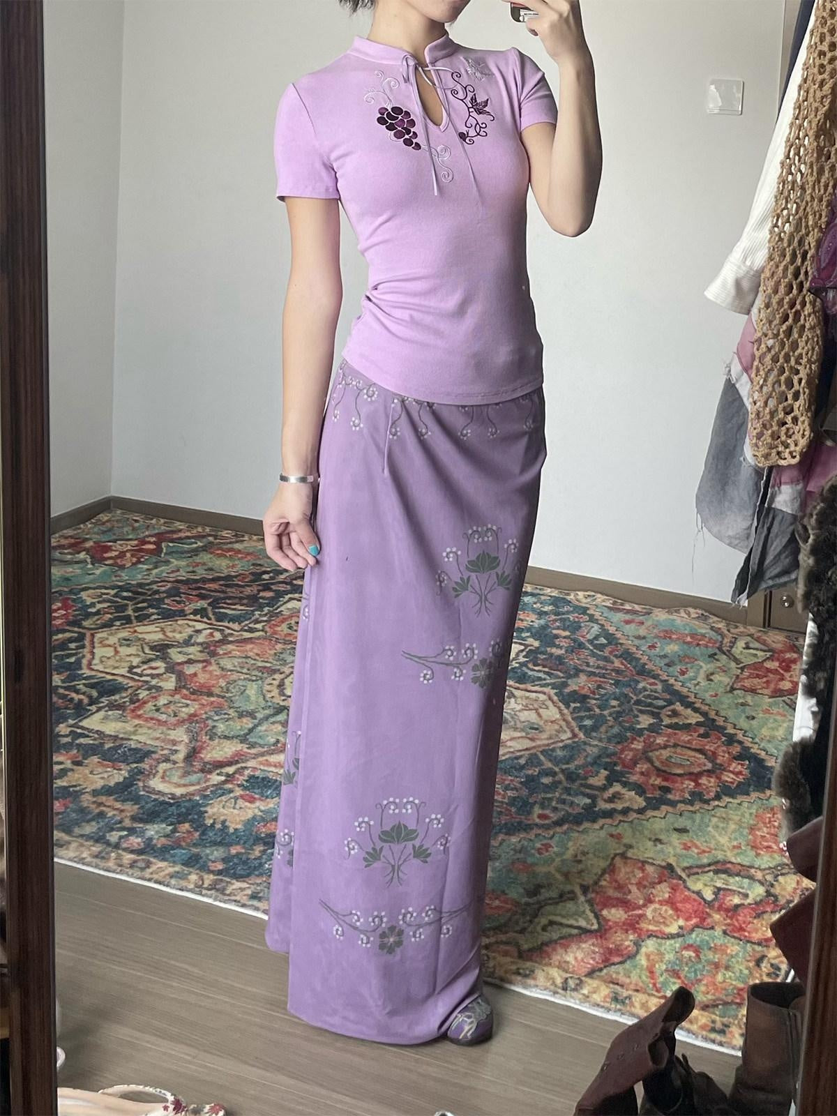 Wet Tail Cute Embroidered Ribbed Henley Purple Women Viscose Stretch Short Sleeve T-Shirts