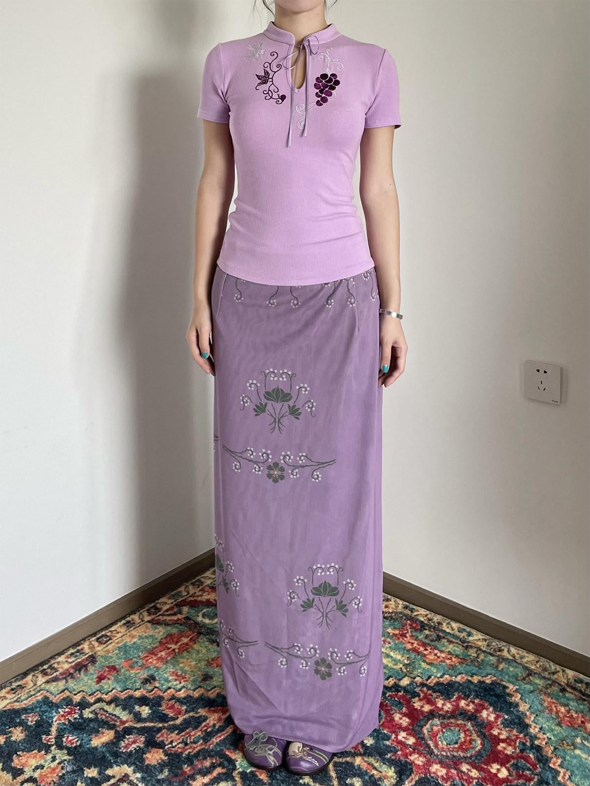 Wet Tail Cute Embroidered Ribbed Henley Purple Women Viscose Stretch Short Sleeve T-Shirts