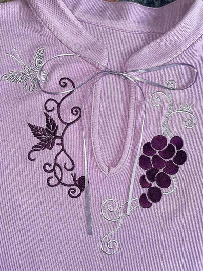 Wet Tail Cute Embroidered Ribbed Henley Purple Women Viscose Stretch Short Sleeve T-Shirts