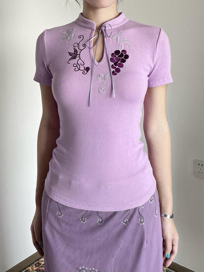 Wet Tail Cute Embroidered Ribbed Henley Purple Women Viscose Stretch Short Sleeve T-Shirts